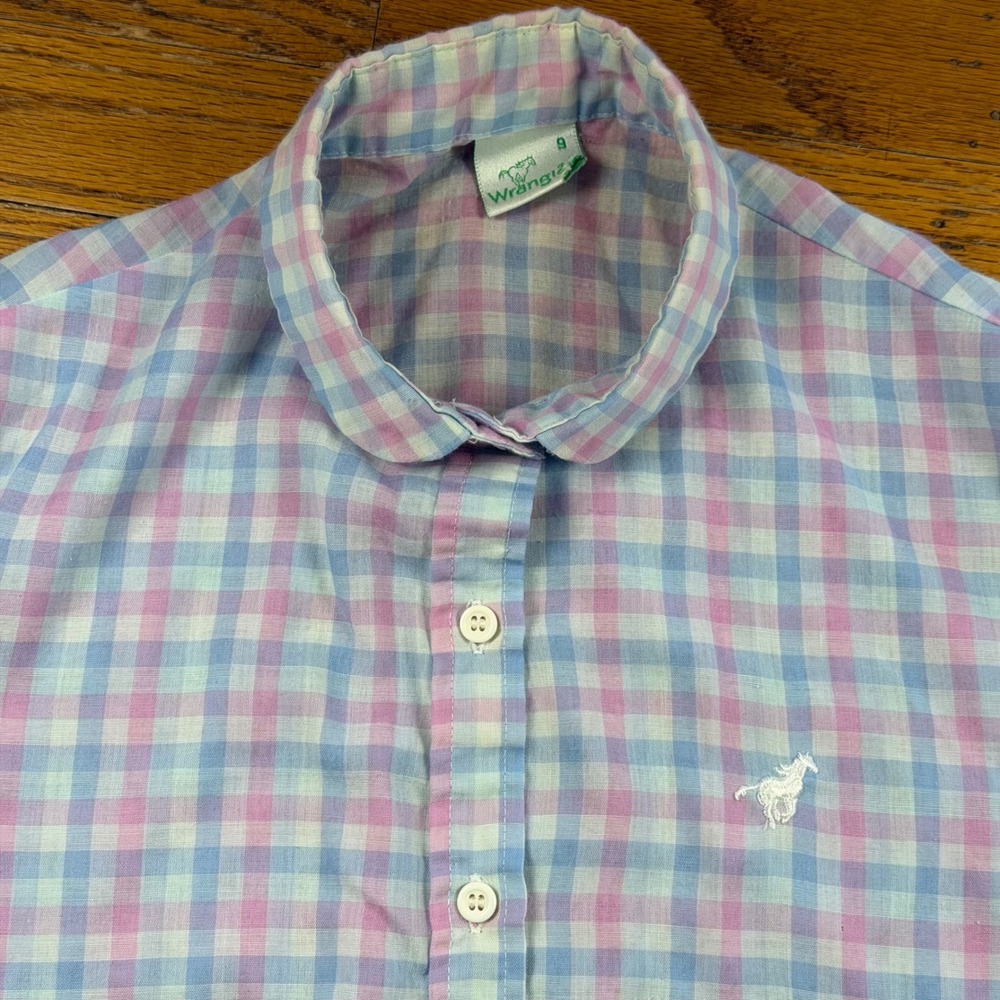 Vintage Wrangler Gingham Plaid Shirt Womens 9 Pink Blue Peter Pan USA Made